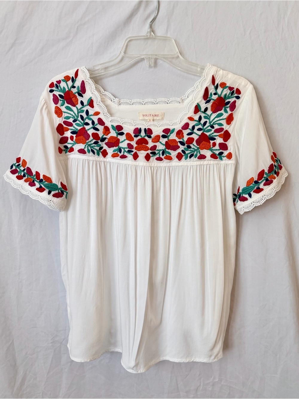 White Embroidered Floral Blouse Square Neck Crochet Trim Size S